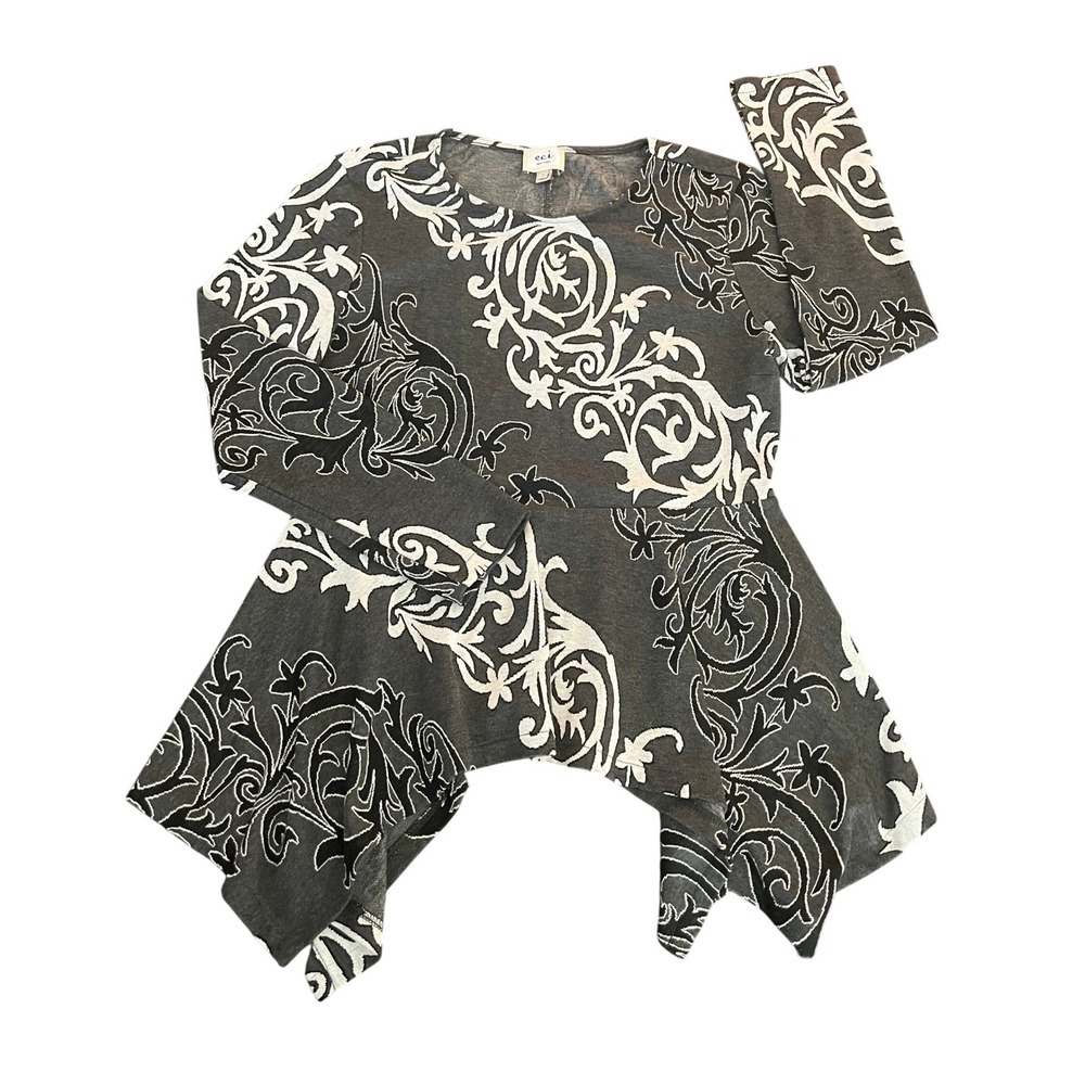 ECI New York Women Gray Damask Peplum Handkerchief Hem Top Large (1188)